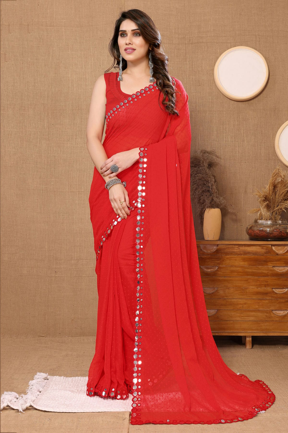 Red Colour Georgette Mirror Work Saree