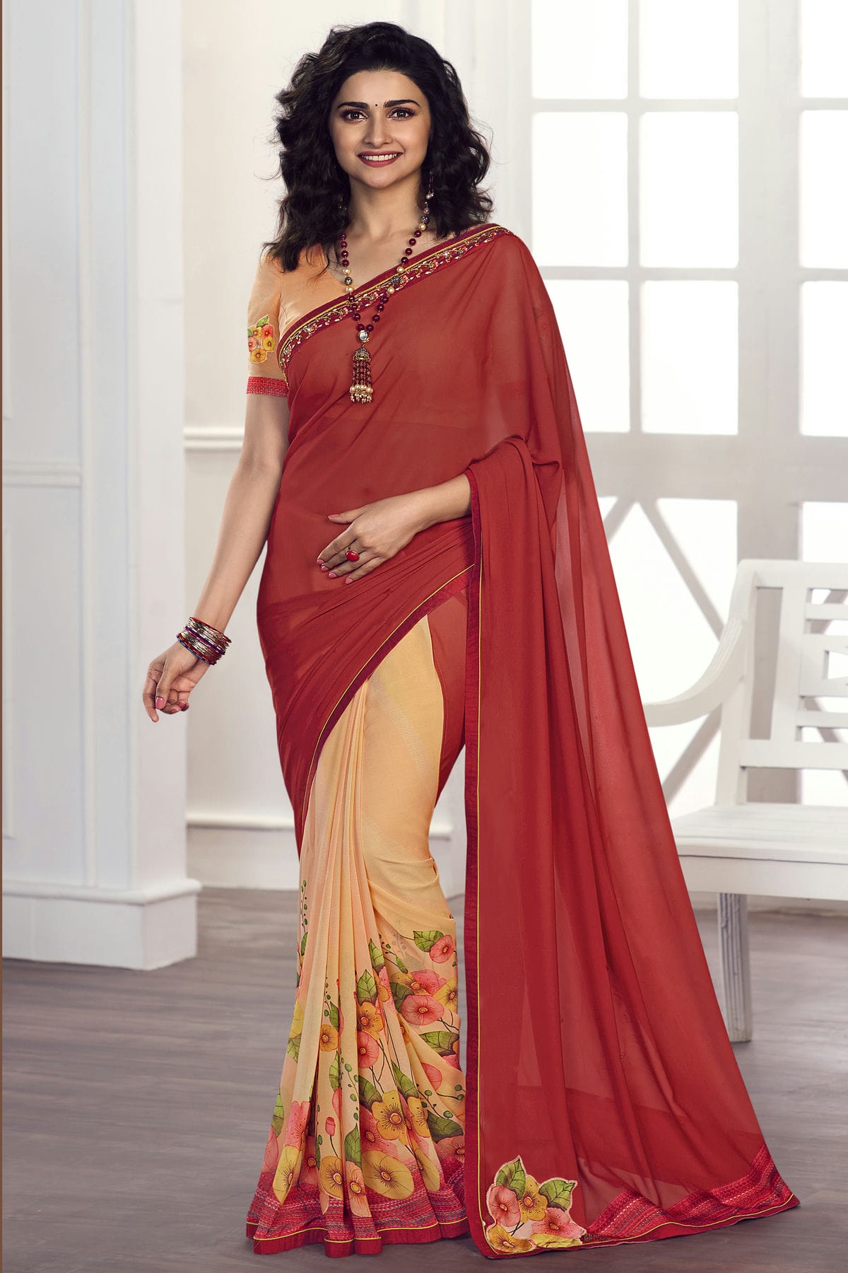 Red Colour Georgette Printed Saree