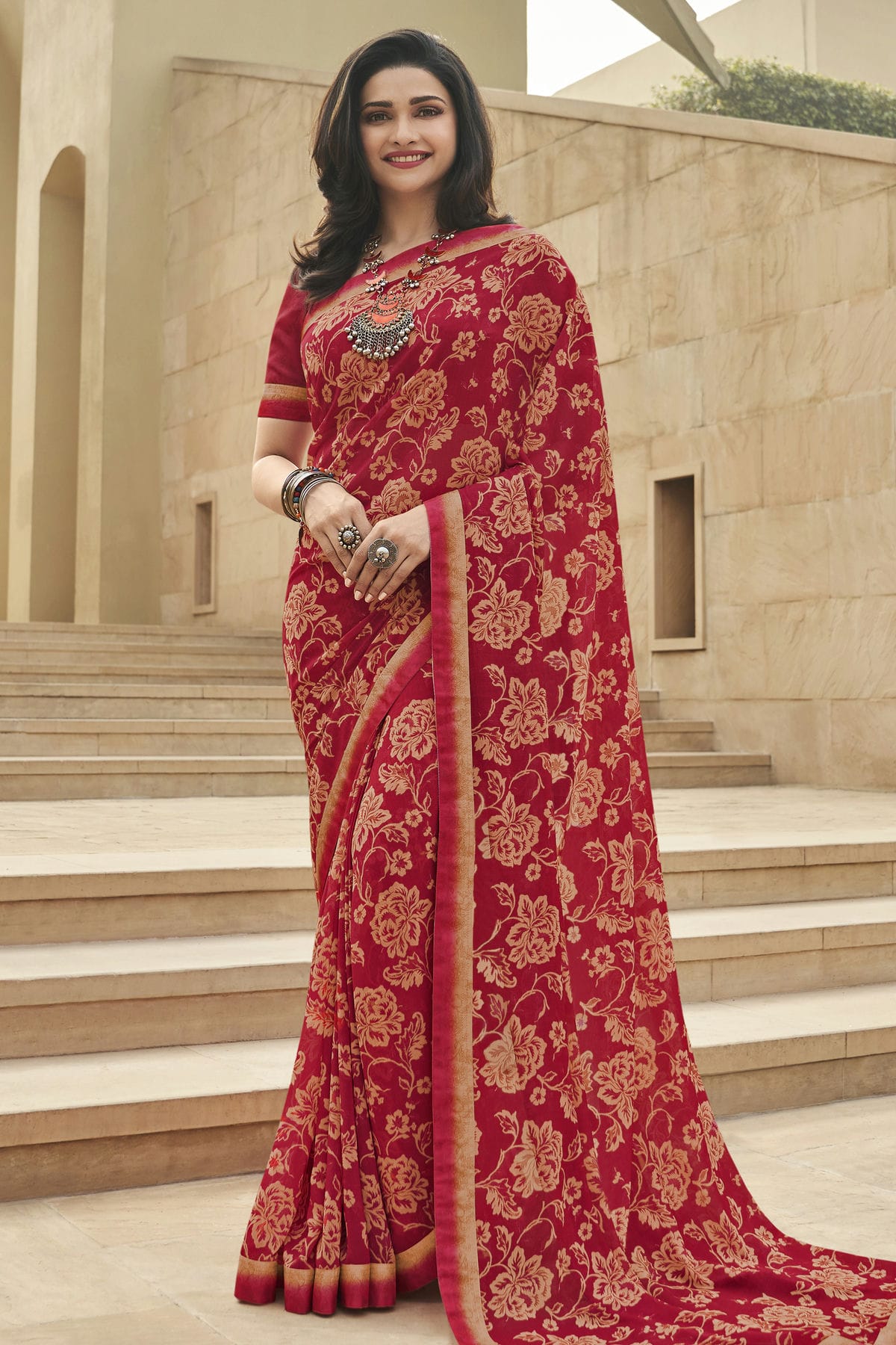 Red Colour Georgette Printed Saree