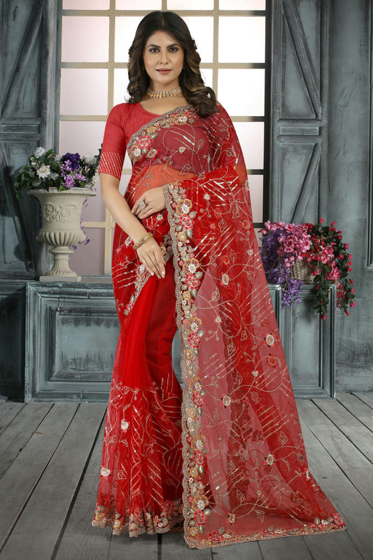 Red Colour Net Designer Saree