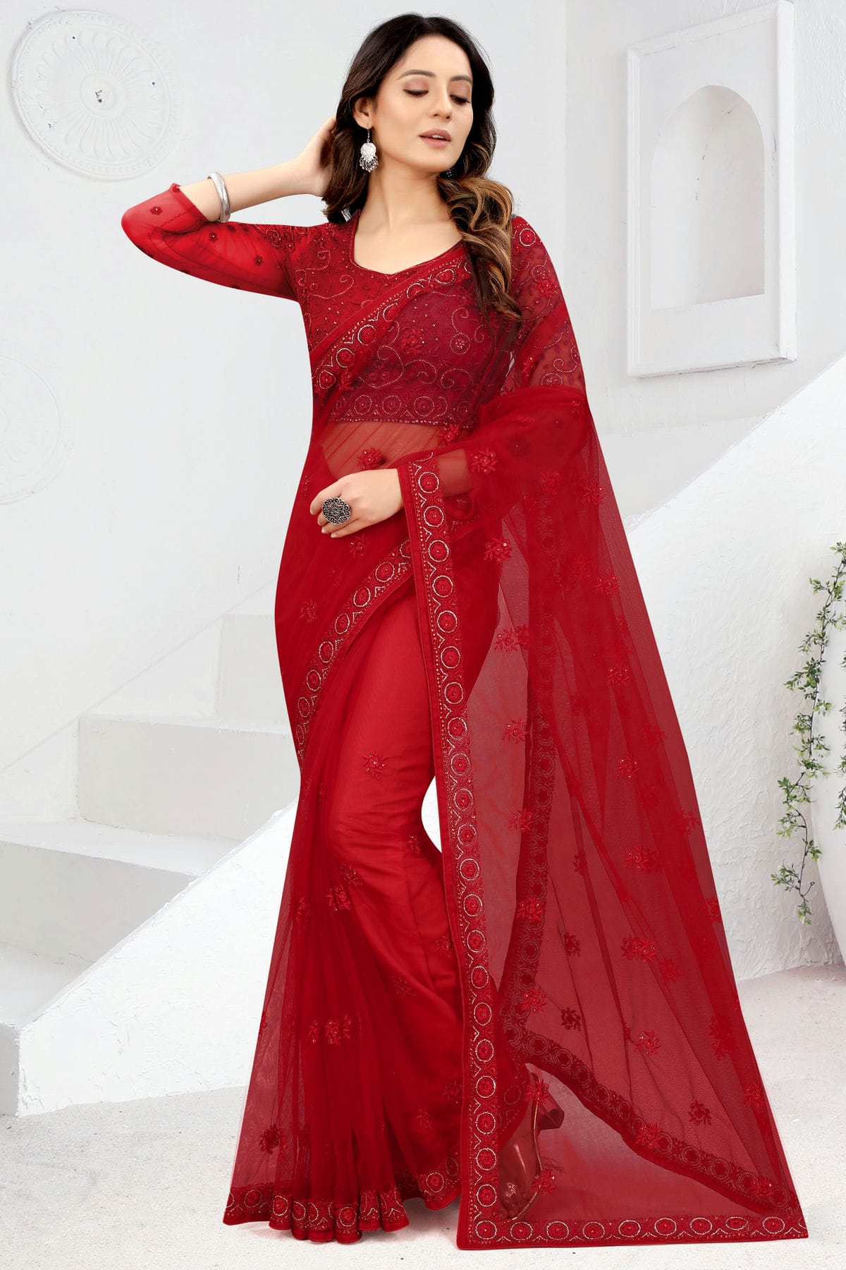 Red Colour Net Designer Saree