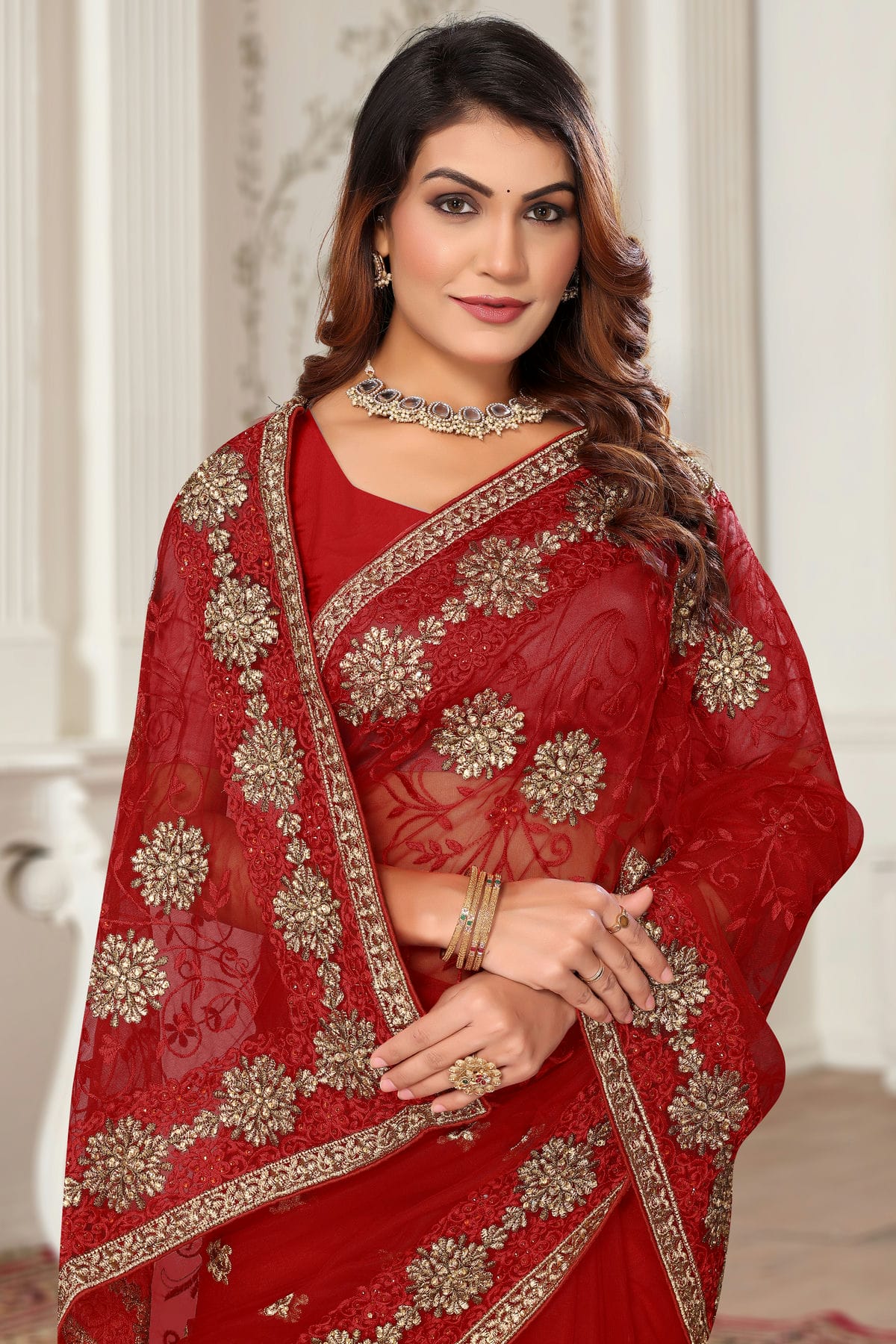 Red Colour Net Designer Saree