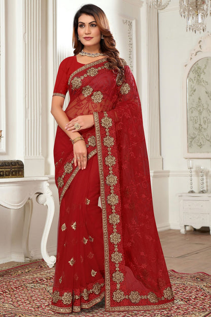 Red Colour Net Designer Saree