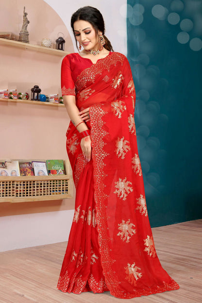 Red Colour Organza Silk Designer Saree