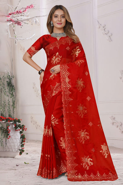 Red Colour Organza Silk Designer Saree