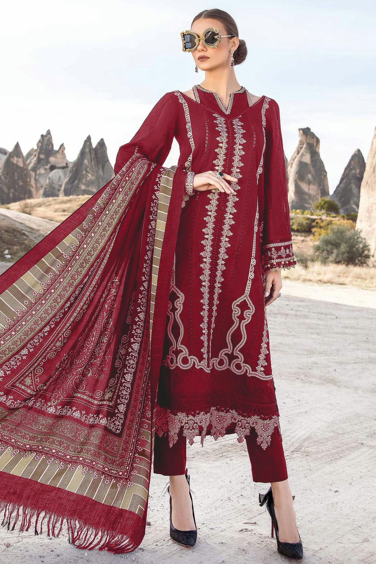 Red Colour Rayon Semi Stitched Pakistani Suit