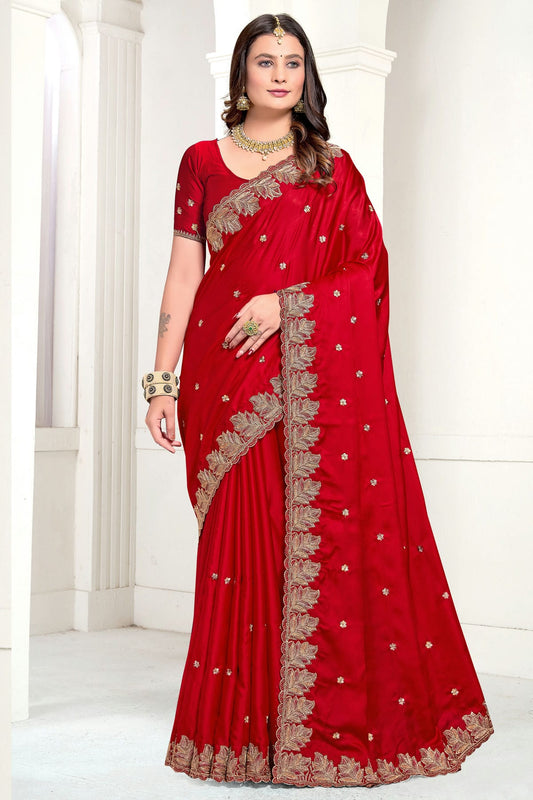 Red Colour Satin Designer Saree