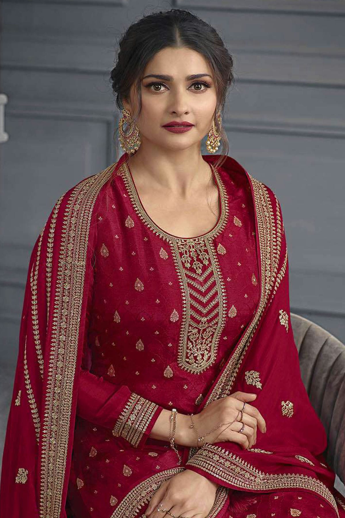 Red Colour Semi Stitched Dola Jacquard Silk Palazzo Pant Suit