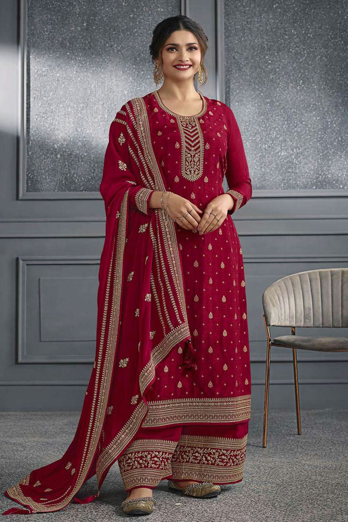 Red Colour Semi Stitched Dola Jacquard Silk Palazzo Pant Suit