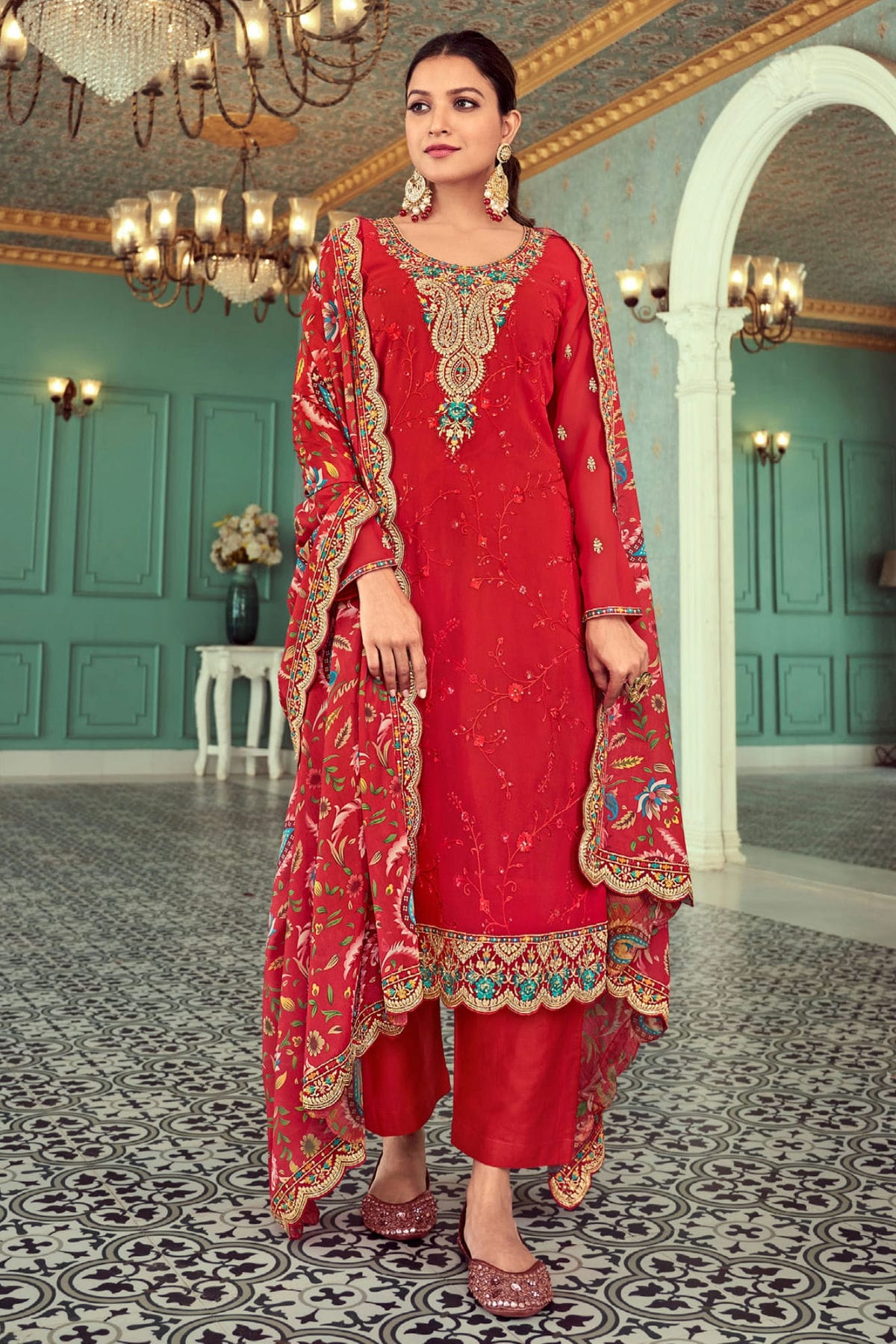 Red Colour Semi Stitched Georgette Pant Style Suit