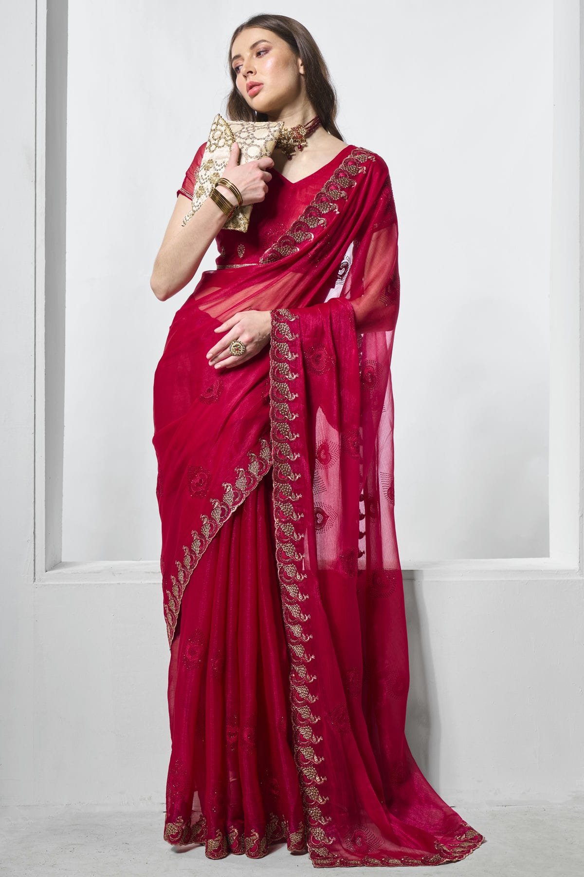 Red Colour Shimmer Chiffon Designer Saree