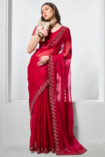 Red Colour Shimmer Chiffon Designer Saree