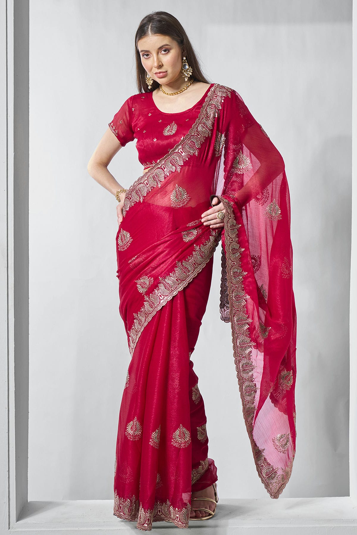 Red Colour Sitara Chiffon Designer Saree