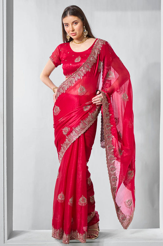 Red Colour Sitara Chiffon Designer Saree