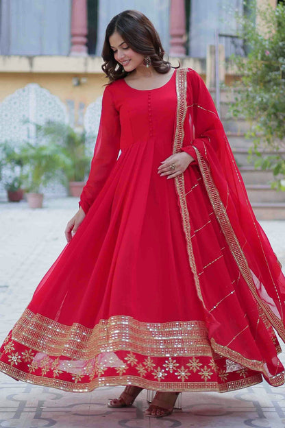 Red Colour Stitched Faux Georgette Gown