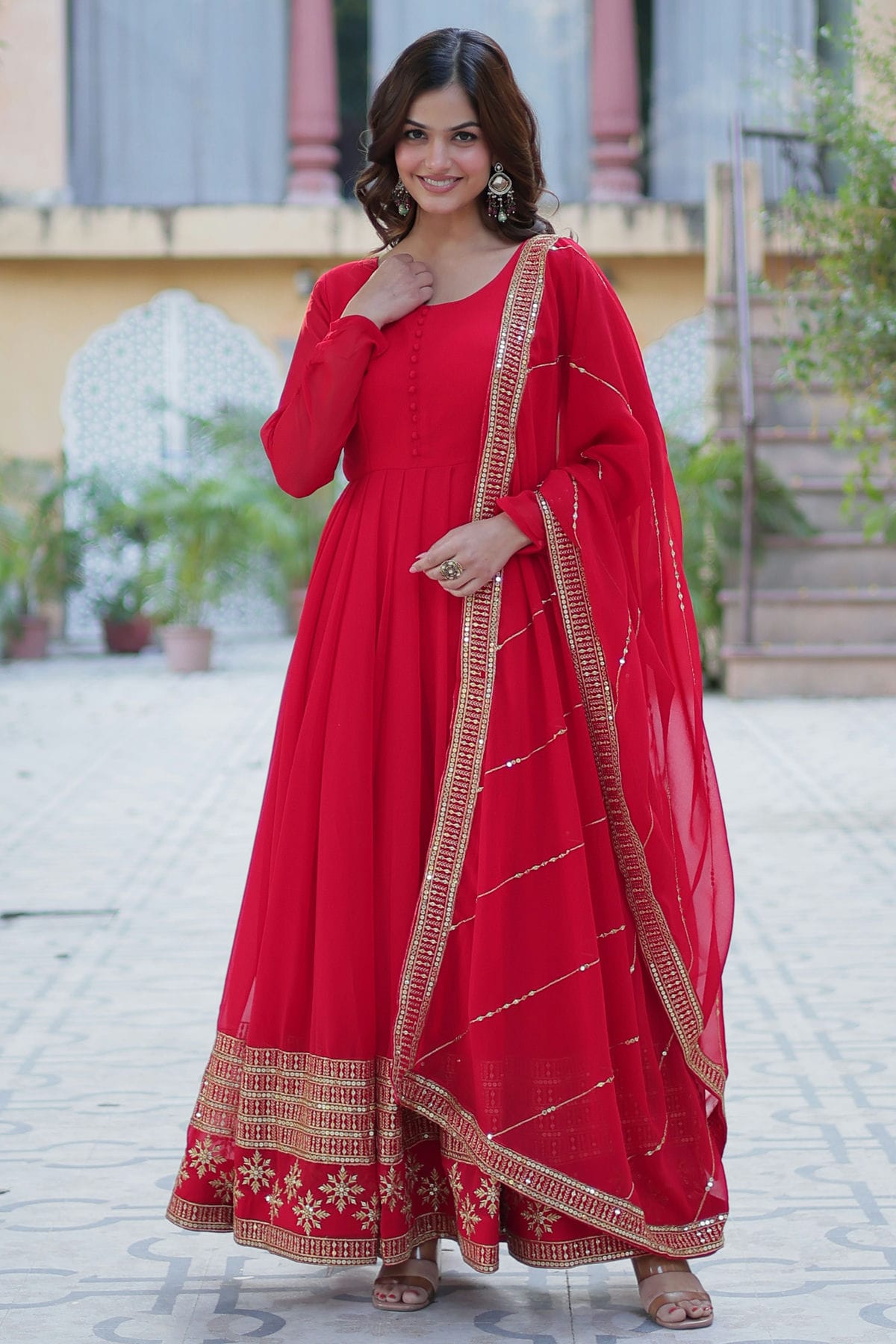 Red Colour Stitched Faux Georgette Gown VSGW1112802