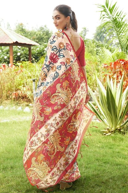 Red Colour Tussar Silk Printed Saree