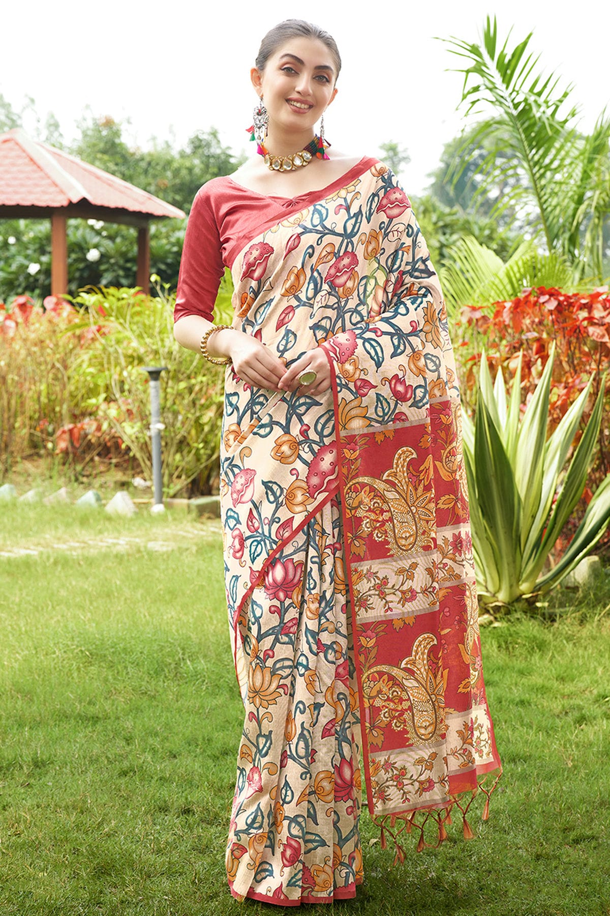 Red Colour Tussar Silk Printed Saree