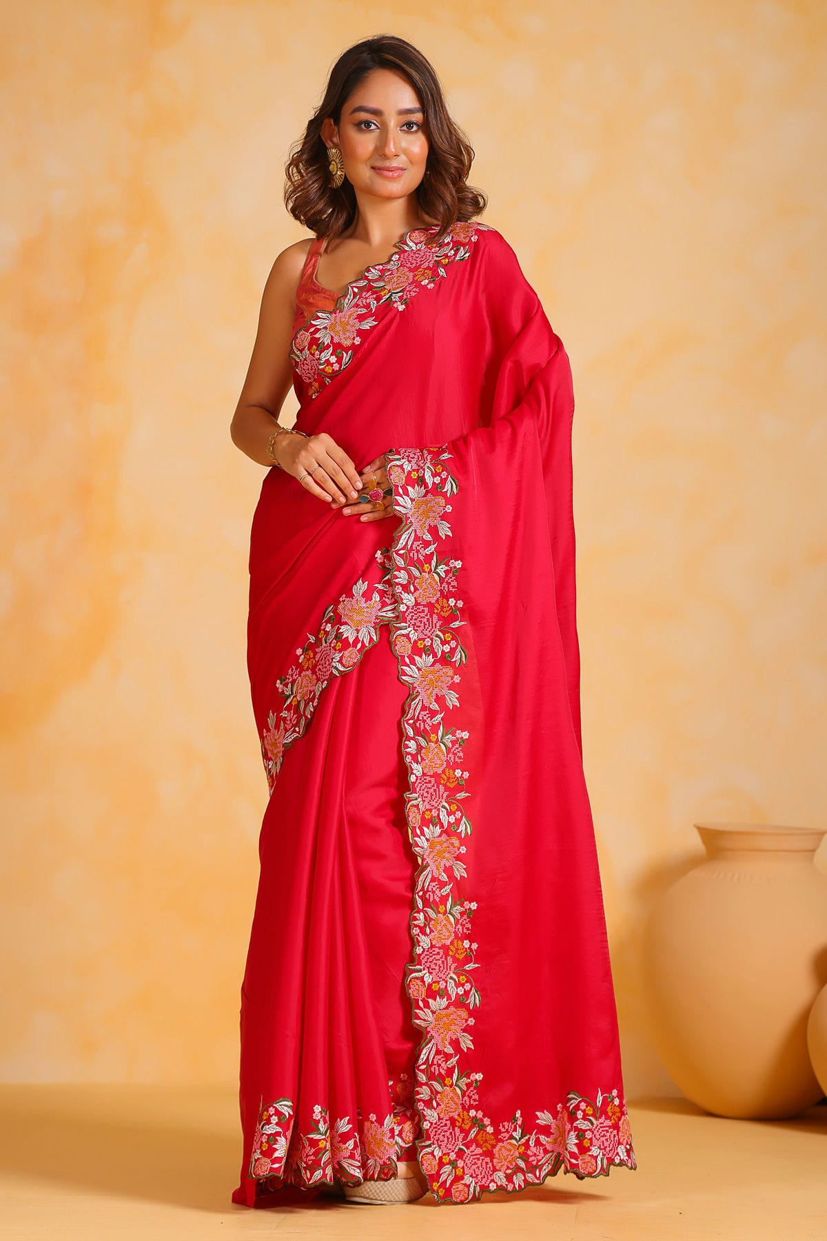 Red Colour Tussar Silk Saree