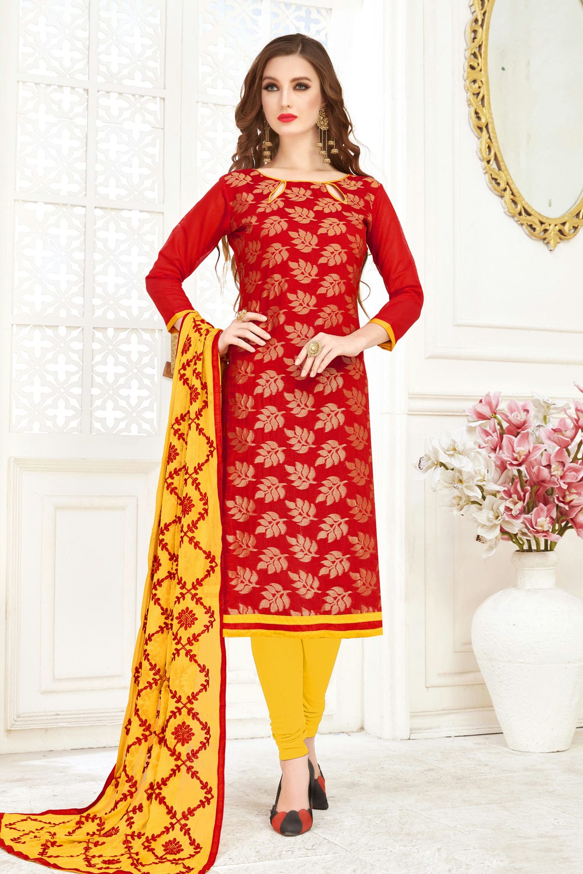 Red Colour Unstitched Banarasi Jacquard Churidar Suit