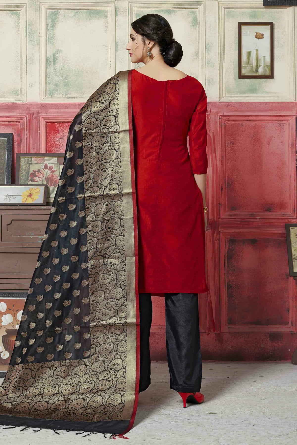 Red Colour Unstitched Banarasi Silk Fabric Straight Suit