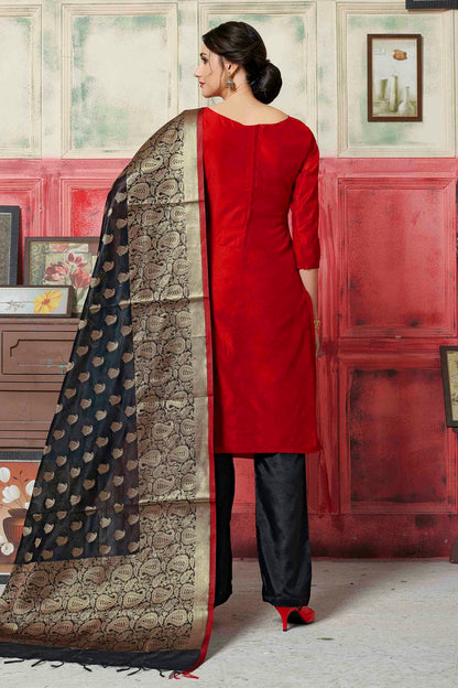 Red Colour Unstitched Banarasi Silk Fabric Straight Suit