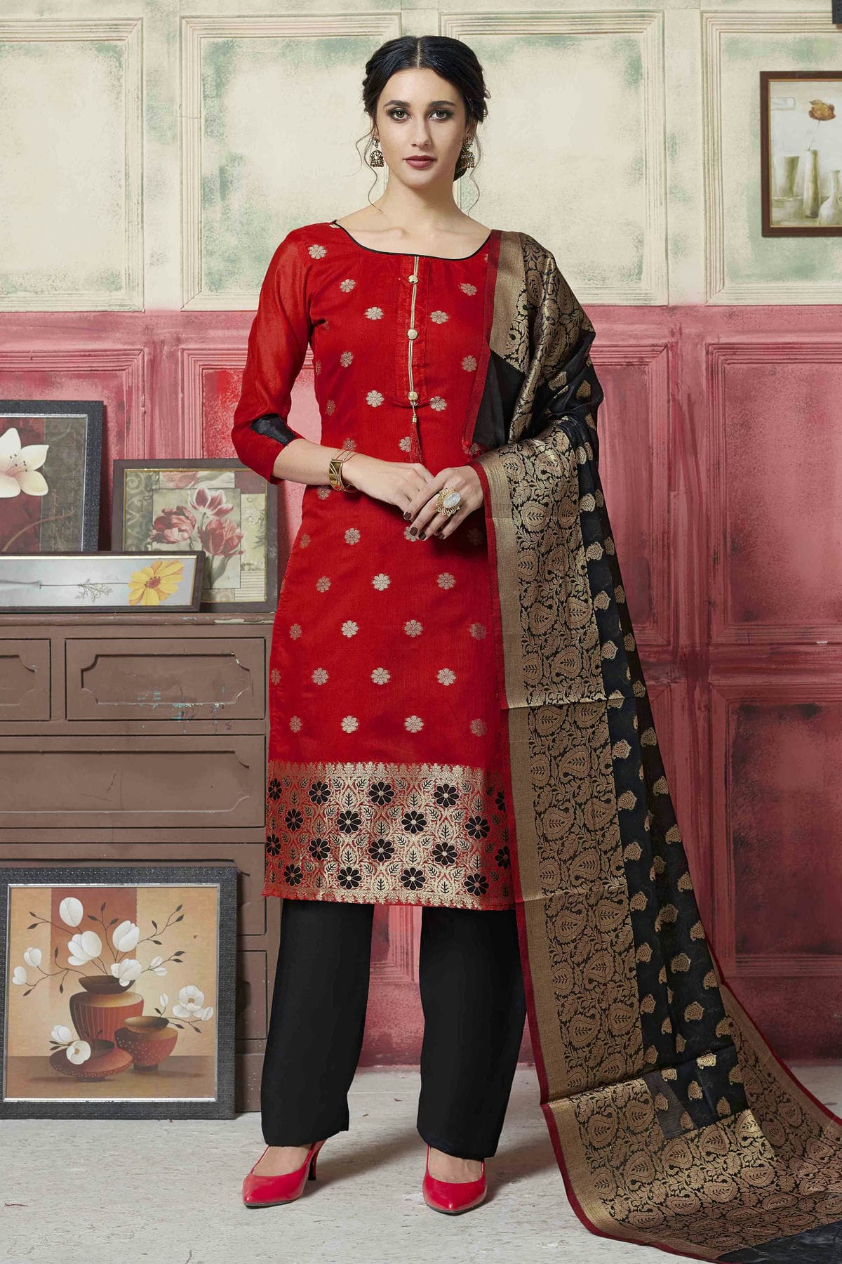 Red Colour Unstitched Banarasi Silk Fabric Straight Suit