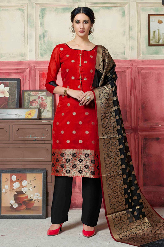 Red Colour Unstitched Banarasi Silk Fabric Straight Suit