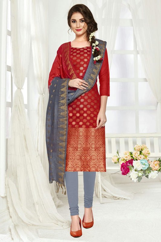 Red Colour Unstitched Banarasi Silk Straight Suit