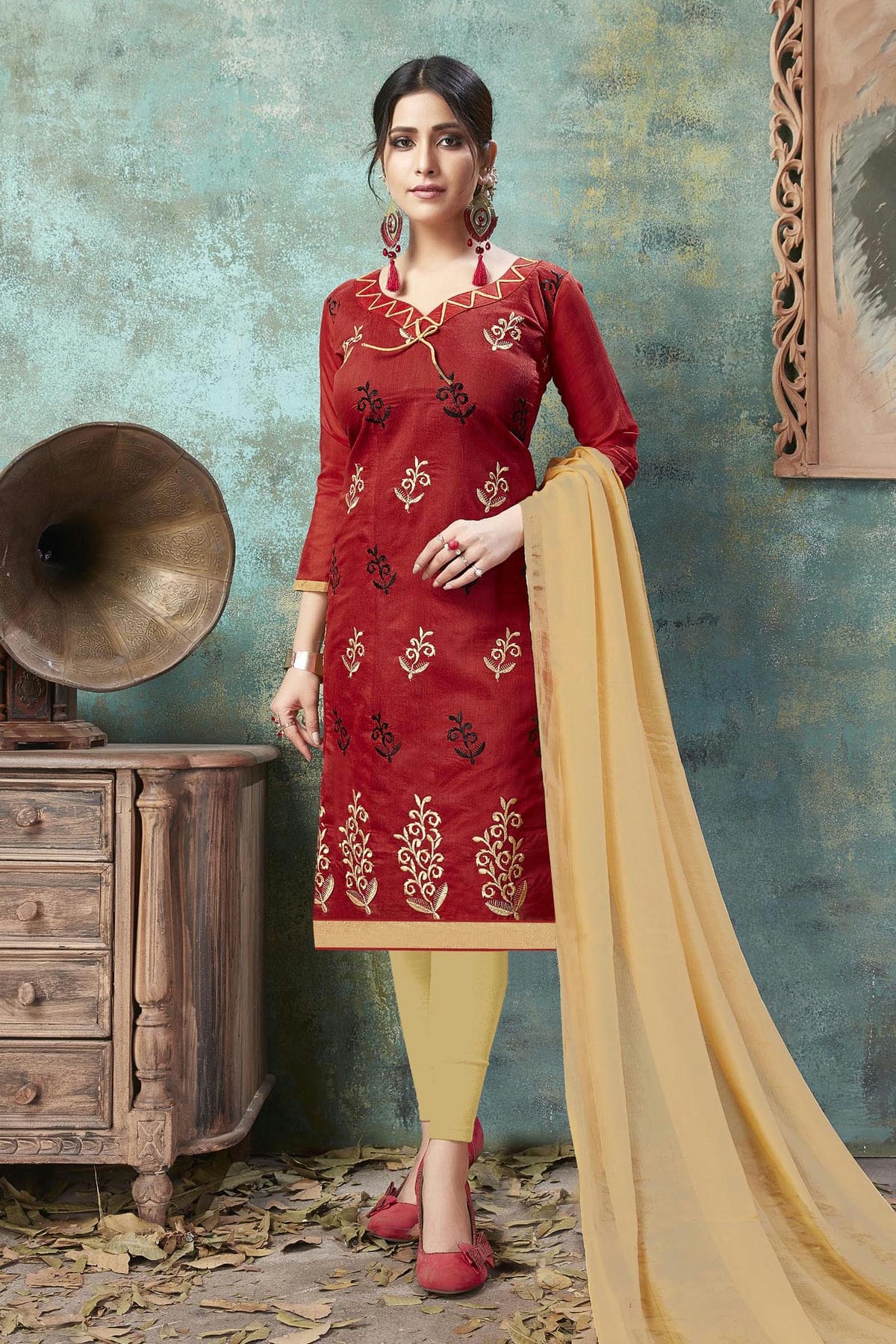 Red Colour Unstitched Chanderi Cotton Straight Suit