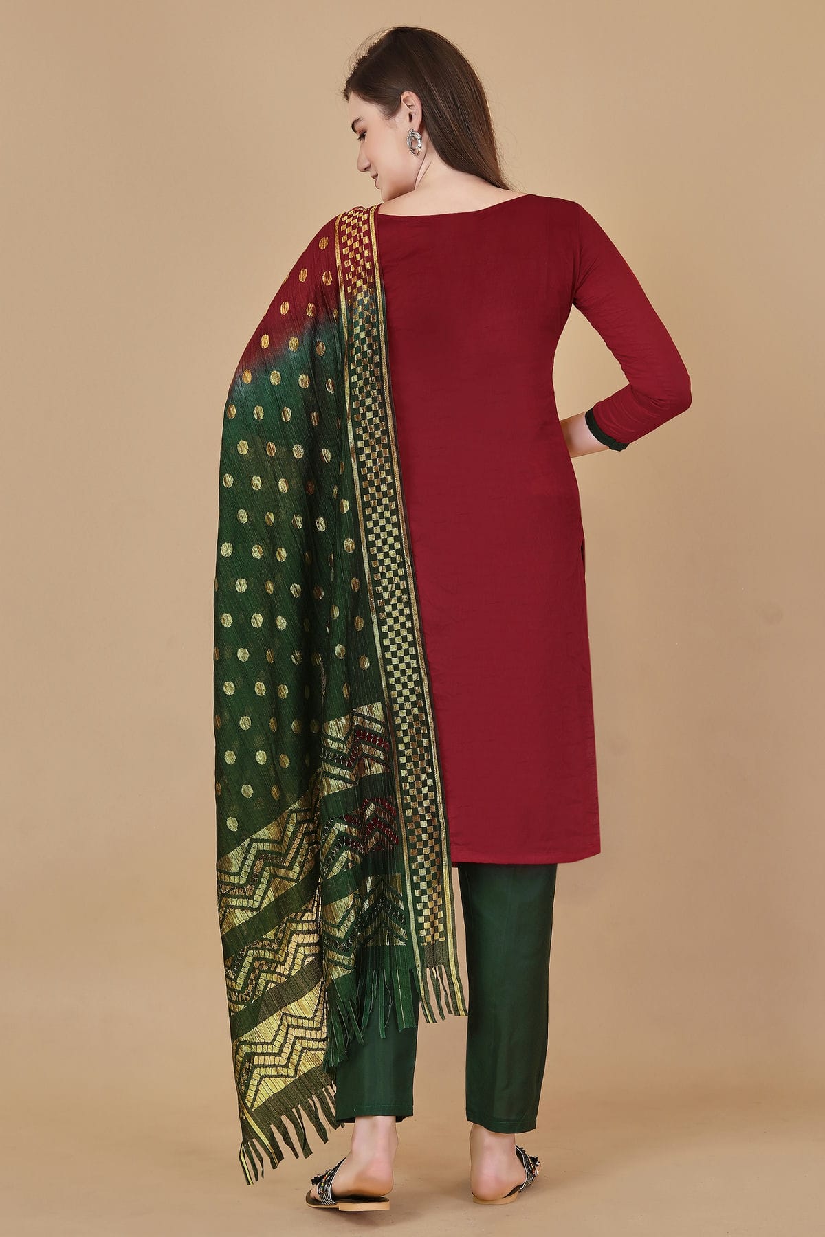 Red Colour Unstitched Cotton Jacquard Straight Suit