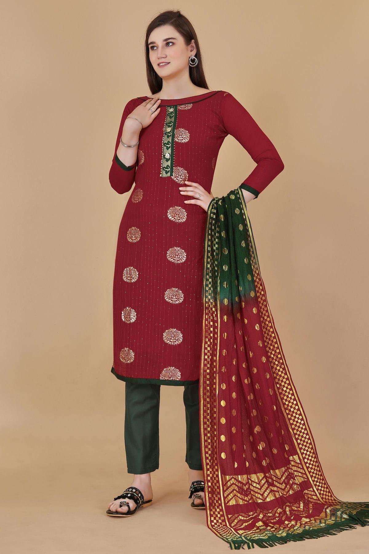 Red Colour Unstitched Cotton Jacquard Straight Suit