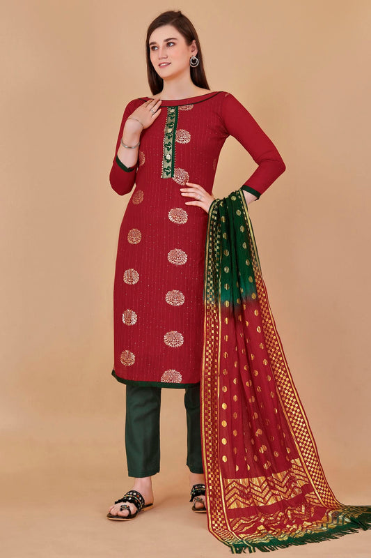 Red Colour Unstitched Cotton Jacquard Straight Suit