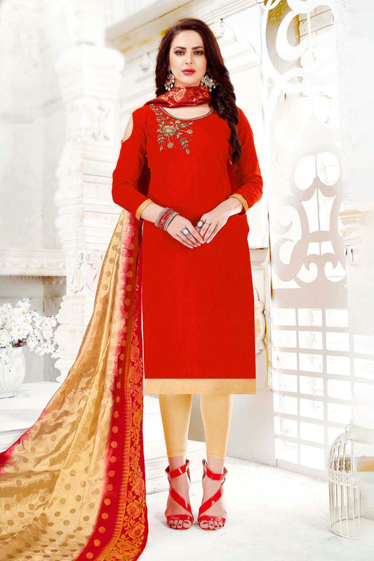 Red Colour Unstitched Cotton South Slub Straight Suit