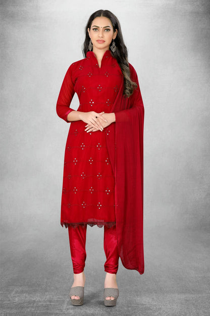 Red Colour Unstitched Georgette Churidar Suit