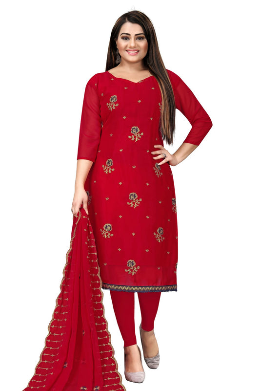 Red Colour Unstitched Georgette Straight Suit