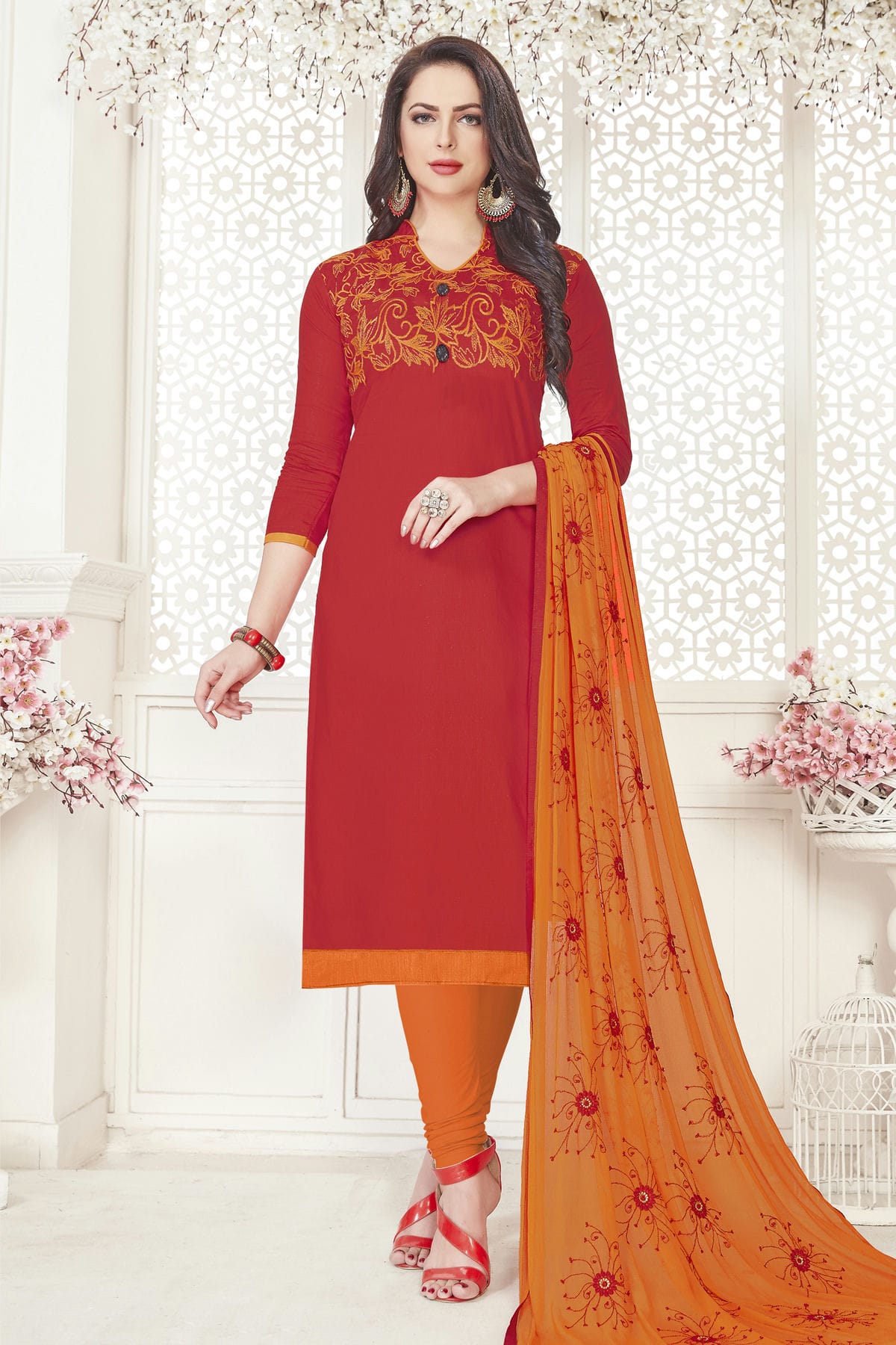 Red Colour Unstitched Glace Cotton Churidar Suit