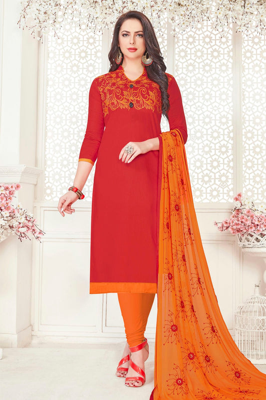 Red Colour Unstitched Glace Cotton Churidar Suit