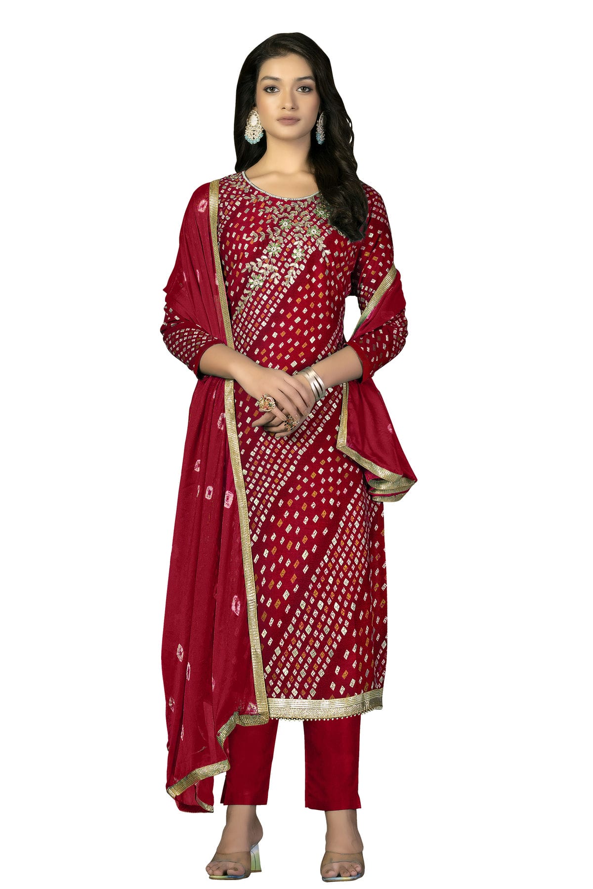 Red Colour Unstitched Jam Cotton Fabric Straight Suit