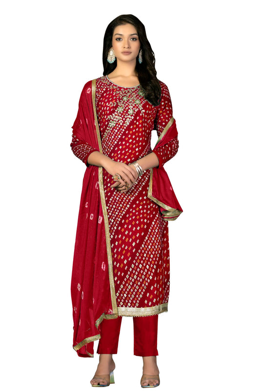 Red Colour Unstitched Jam Cotton Fabric Straight Suit