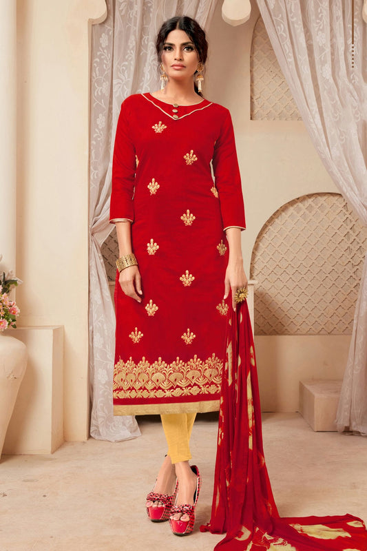 Red Colour Unstitched Modal Silk Straight Suit