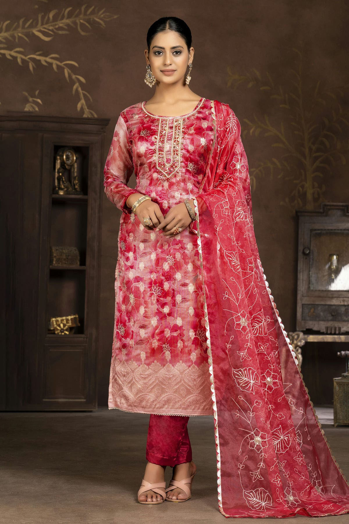 Red Colour Unstitched Organza Banarasi Jacquard Pant Style Suit