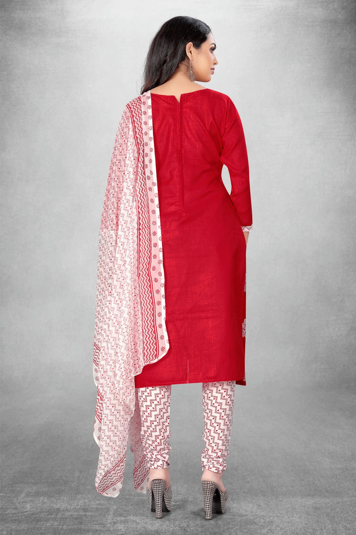 Red Colour Unstitched Slub Cotton Churidar Suit