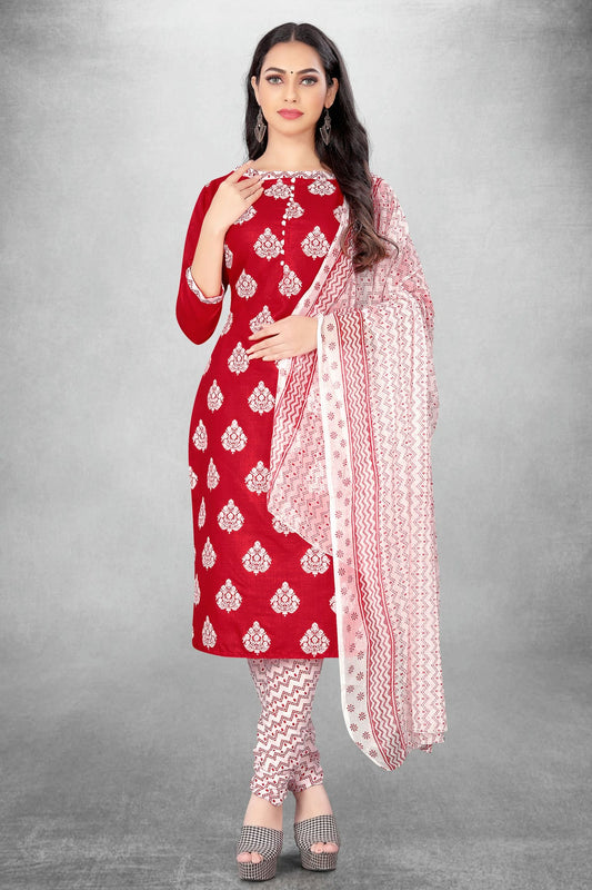 Red Colour Unstitched Slub Cotton Churidar Suit