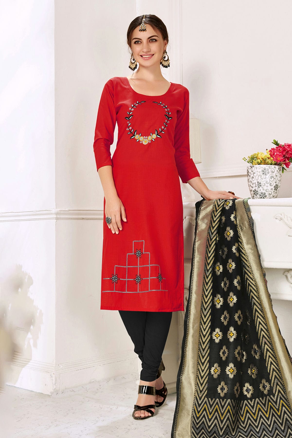 Red Colour Unstitched Slub Cotton Churidar Suit