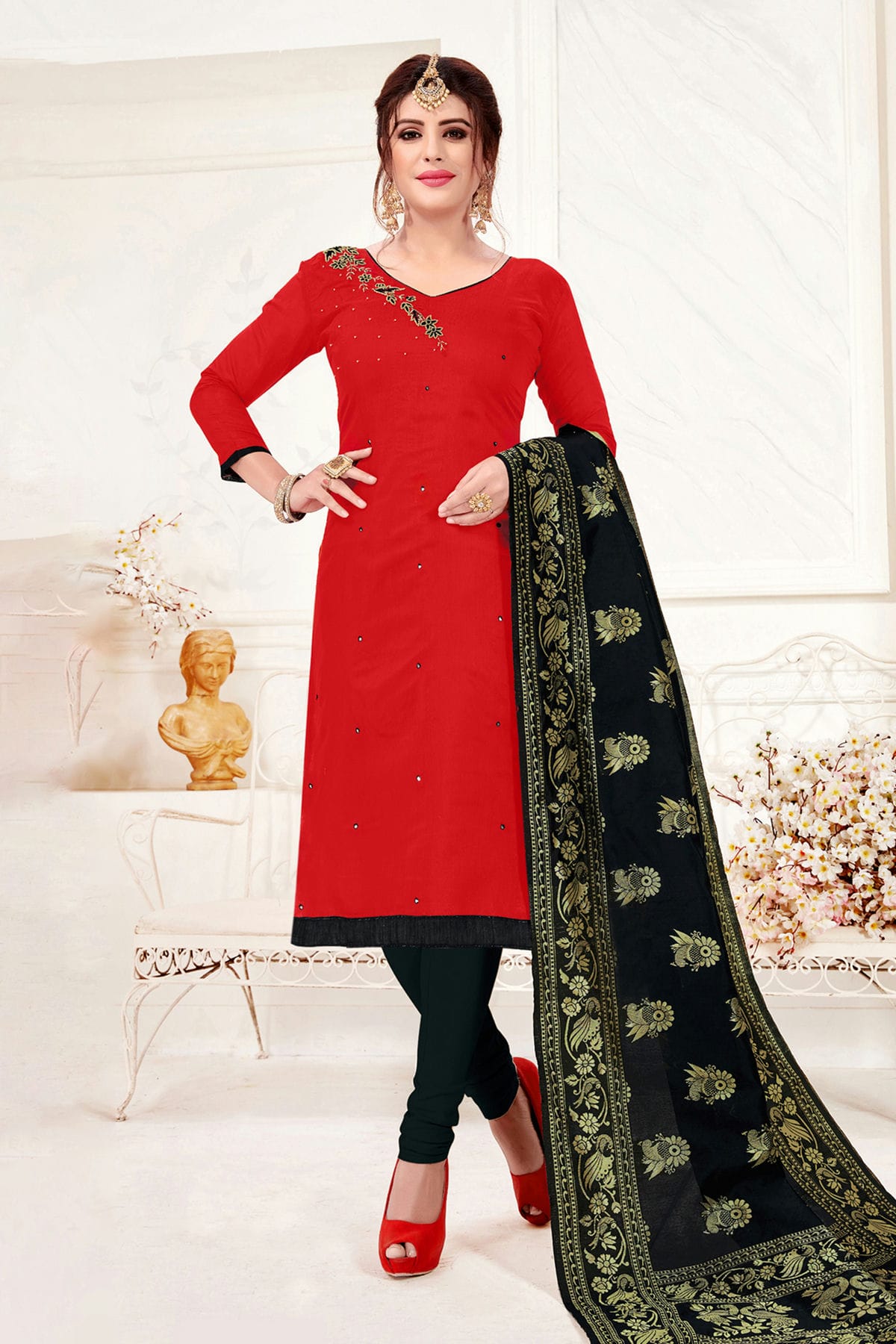 Red Colour Unstitched Slub Cotton Churidar Suit