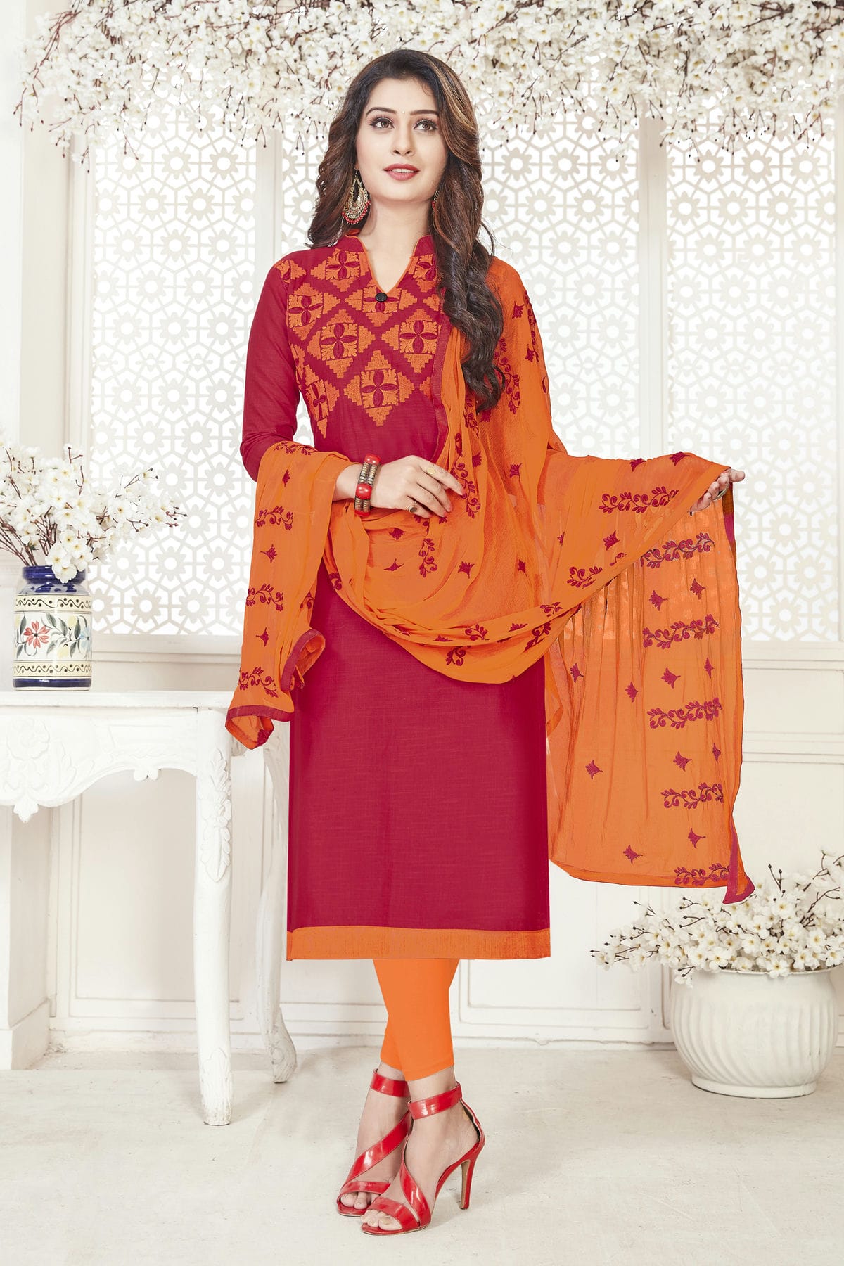 Red Colour Unstitched South Cotton Slub Straight Suit