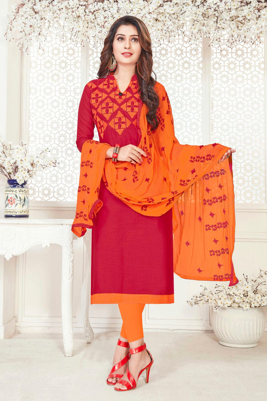 Red Colour Unstitched South Cotton Slub Straight Suit