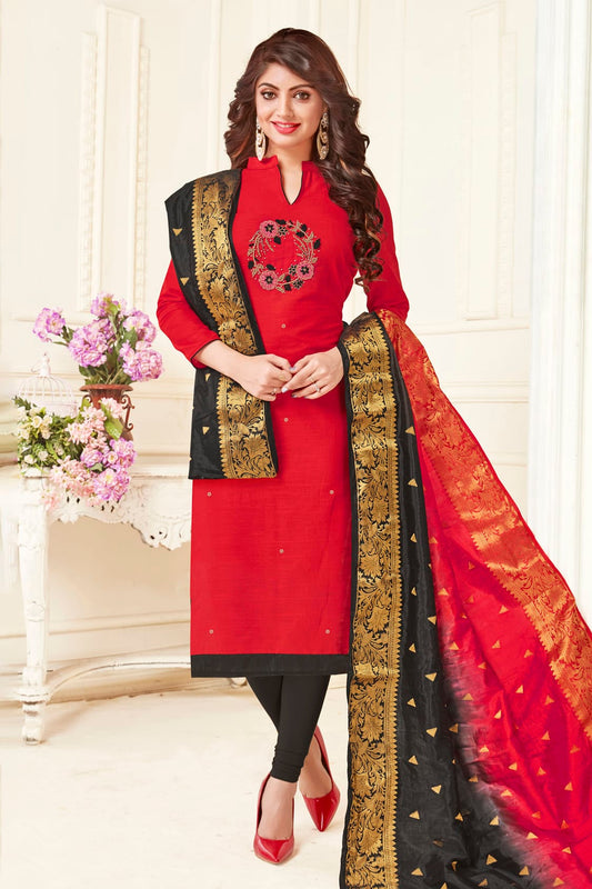 Red Colour Unstitched South Slub Cotton Straight Suit