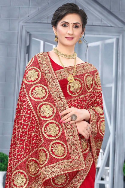 Red Colour Vichitra Bloming Silk Designer Saree